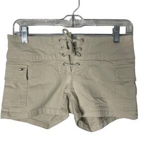 Vintage 90s Tommy Hilfiger Short Short Cargo Short Womens 28 Lace Up Khaki